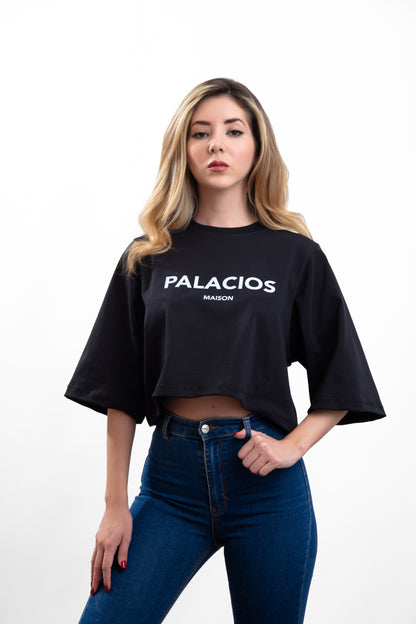 TOP CROP NEGRO EN ALGODON EGIPCIO CON ESTAMPADO LOGO PALACIOS