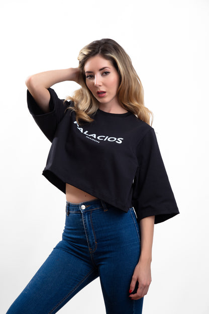 TOP CROP NEGRO EN ALGODON EGIPCIO CON ESTAMPADO LOGO PALACIOS