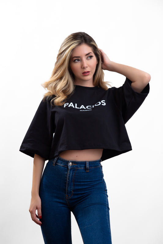 TOP CROP NEGRO EN ALGODON EGIPCIO CON ESTAMPADO LOGO PALACIOS